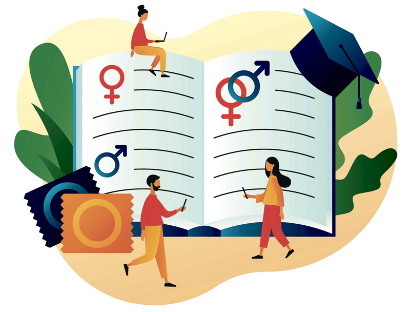 Ilustració amb un llibre gegant envoltat de persones, condoms i símbols de gènere