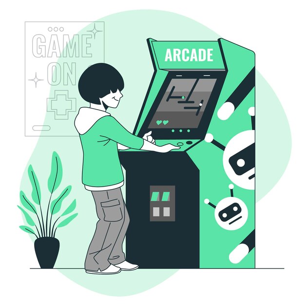 Il·lustració d'un noi jugant amb una màquina arcade