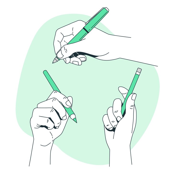 Il·lustració de mans subjectant un llàpis, un boli i un retolador